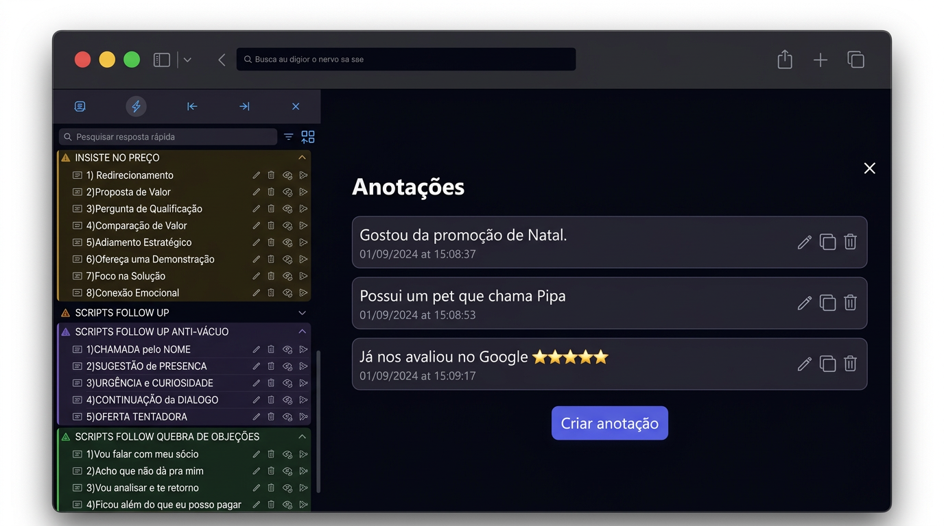 Scripts e anotações do cliente no Conecte Chat CRM